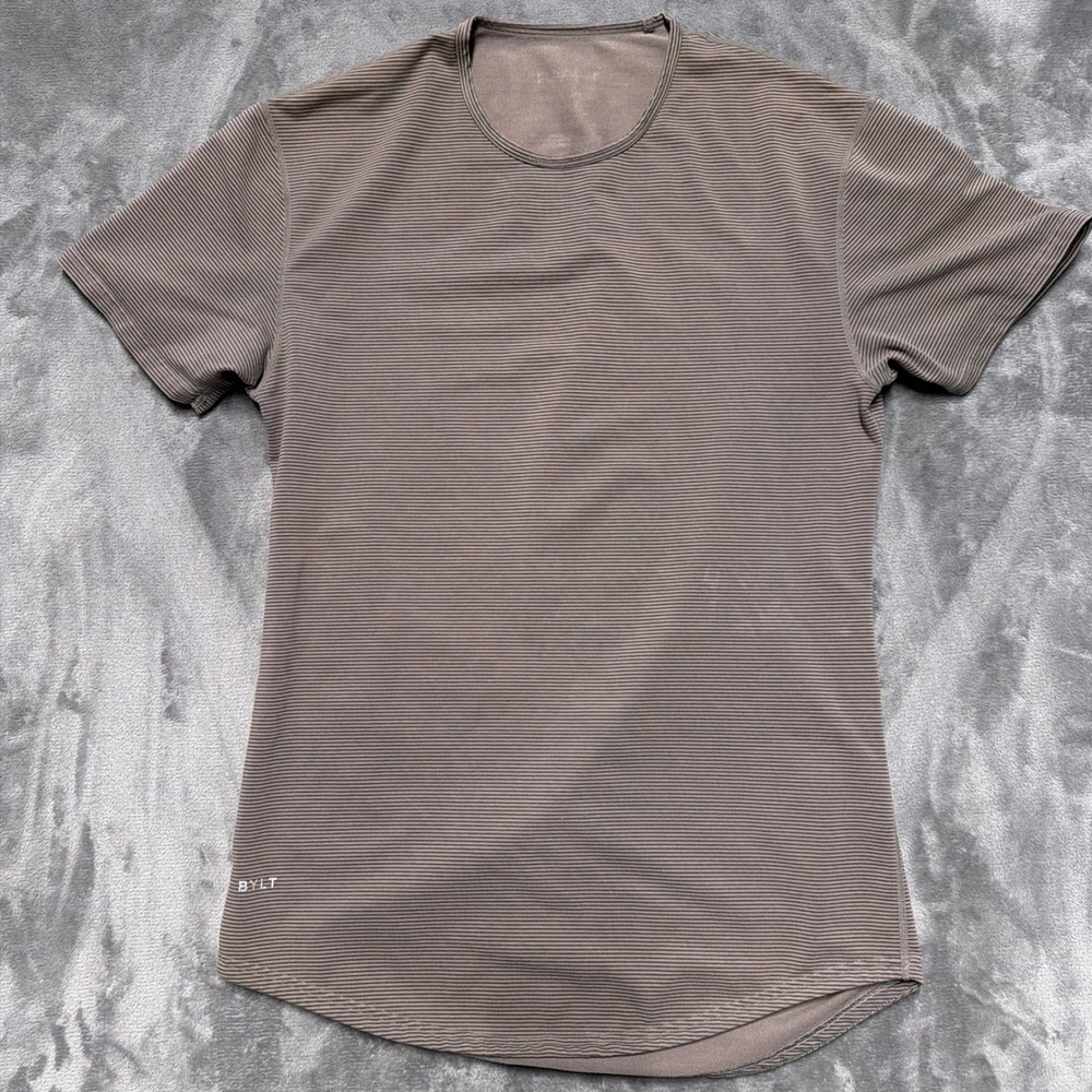 BYLT Drop Cut T-Shirt Mens L‎ Brown Striped Athletic Performance Activewear